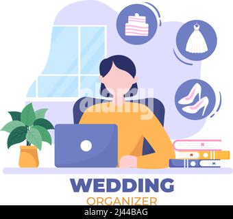 Organisateur de mariage fournissant un service de décoration ou de faire des plans avant la cérémonie mariée dans fond plat dessin de dessin animé Illustration de Vecteur