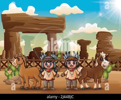 Caricature indienne couple avec animal dans le désert Illustration de Vecteur