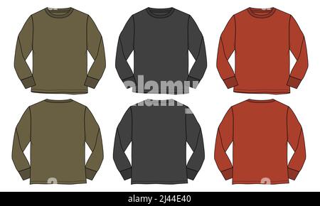 T-shirt à manches longues mode à dessin plat vectoriel modèle d'illustration vues avant et arrière. Illustration de Vecteur