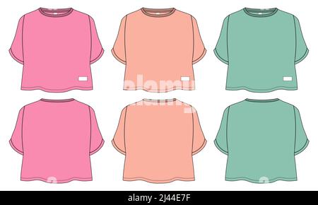 t-shirt multicolore vector modèle plat pour femmes isolé sur fond blanc. Facile à modifier et à personnaliser. Modèle vectoriel d'esquisse plat Illustreti Illustration de Vecteur