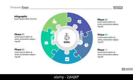 Modèle de diapositive de l'organigramme du processus à cinq éléments. Données d'entreprise. Plan, cercle, conception. Concept créatif pour l'infographie, la présentation, le rapport. Peut être utilisé f Illustration de Vecteur