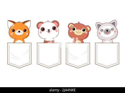 Petit singe, panda, renard et lémurien de kawaii dans un ensemble de poche. Collection bébé d'animaux dans les poches. Imprimé piments avec personnages drôles pour t-shirt Illustration de Vecteur