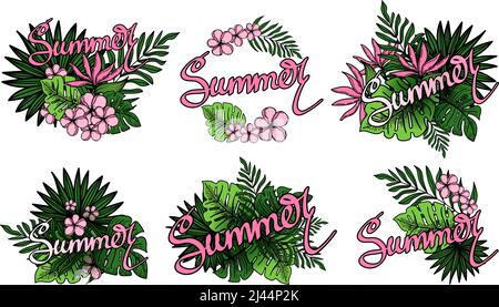 Jeu d'autocollants avec lettrage estival, affiches de feuilles de palmier, feuille de jungle, fleurs exotiques et écriture manuscrite. Vector fait à la main dans un style de caniche. Florale Illustration de Vecteur