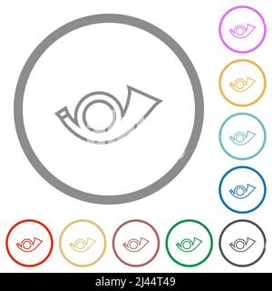 Cadre circulaire postal en forme de corne icônes de couleur plate dans des contours ronds sur fond blanc Illustration de Vecteur