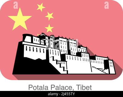 Palais du Potala. Point de repère de la série mondiale, le fond est le drapeau national chinois Illustration de Vecteur