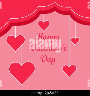 Carte de vœux carrée de la Saint Valentin heureuse, ruban rouge avec coeurs sur cordes, illustration Banque D'Images