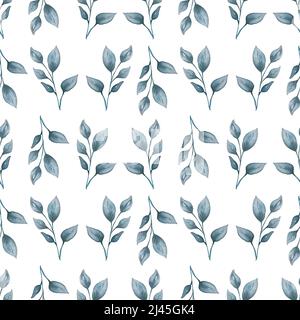 Motif aquarelle sans couture avec motif floral dans des tons bleus neutres tendance. Papier à répéter moderne. Motifs de feuilles dessinés à la main . Banque D'Images