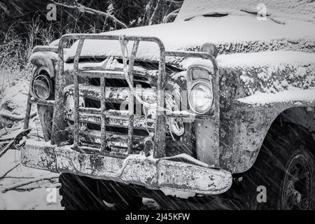 Cet ancien camion à plateau International Harvester fait une autre tempête hivernale sur le lot d'un pêcheur commercial près de Baileys Harbour, dans le comté de Door, WI Banque D'Images