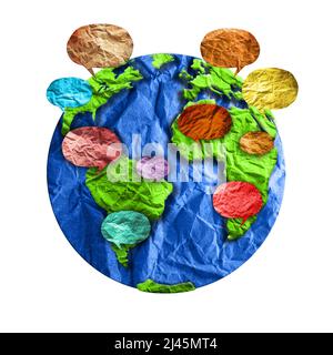 Communication mondiale, messagerie internationale et concept de traduction, bulles de discours autour du globe terrestre bleu isolé sur fond blanc. Banque D'Images