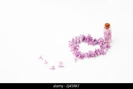 Bouteille en verre sur fond blanc entourée de pétales de fleurs lilas en forme de coeur. Idée pour les parfums floraux. Banque D'Images