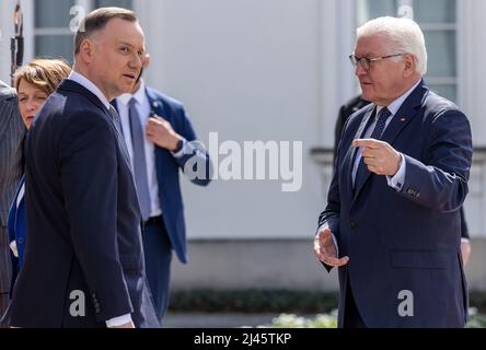 Warschau, Pologne. 12th avril 2022. Le président allemand Frank-Walter Steinmeier (r) est accueilli par le président polonais Andrzej Duda (l) lors de son voyage d'une journée en Pologne. Il rencontrera le président polonais Duda à Varsovie. Leurs entretiens porteront sur la guerre d'agression russe en Ukraine. Credit: Jens Büttner/dpa/Alay Live News Banque D'Images