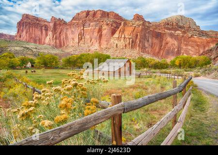 Barn historique de Gifford et pâturages à cheval le long de la rivière Fremont dans le parc national de Capitol Reef, Utah Banque D'Images