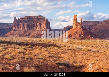 Coucher de soleil au milieu des magnifiques formations de grès de Valley of the Gods, Utah Banque D'Images