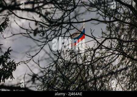 Drapeau russe sur un poteau agitant dans le vent, vu à travers de nombreuses branches d'arbres, avec des nuages pluvieux menaçants dans le fond. Banque D'Images