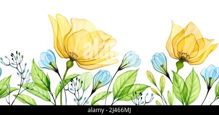 Bordure horizontale aquarelle sans couture à motif floral avec rose jaune et gouttes de neige bleues. Bannière abstraite avec fleurs et feuilles ukrainiennes. Peint à la main Banque D'Images