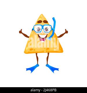 Mignon personnage de dessin animé nachos dans le masque de plongée et les flippers isolé fastfood mascotte. Vector Happy emoticon cuisine mexicaine traditionnelle pendant les vacances d'été. Pilote de bande dessinée, tortilla de maïs triangle Illustration de Vecteur