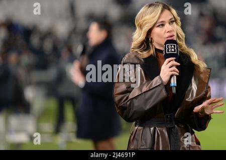 Le journaliste italien de DAZN Diletta Leotta lors du match de football Serie A entre Juventus FC et SSC Napoli, au stade Allianz, le 6 janvier 20 Banque D'Images