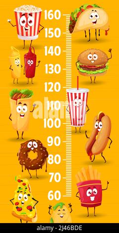 Personnages de dessin animé de fast food sur le graphique de taille des enfants, mesure de croissance vectorielle. Balance à langer de grande taille pour bébé avec un joli cheeseburger, hot dog, pop-corn et pizza, frites, beignets, soda et tacos Illustration de Vecteur