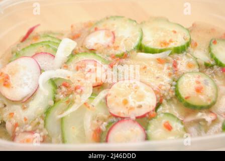 Salade de concombre avec des radis et des oignons marinés dans une vinaigrette italienne pour un en-cas sain Banque D'Images