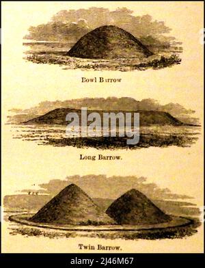 Illustration du 19th siècle montrant l'ancien Bowl, les longues et les doubles abrows britanniques (Burial Mounds ou Tumuli). La taille de ces sépultures variait énormément, allant des sépultures simples aux sépultures de masse. La plupart contenaient des marchandises graves et même des chevaux et d'autres animaux. Ils se produisent dans le monde entier. Ils sont parfois appelés Hiws ou Howes indiquant peut-être que des personnes mortes ont été enterrées dans leur propre maison de fortune avant qu'elle ne soit couverte de terre et de pierres. Banque D'Images