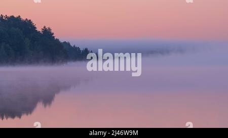 Aube sur le lac brumeux. Belle vue rêveuse. Ciel rose juste avant le lever du soleil et brouillard sur l'eau et les arbres avec des réflexions sur la rive de la rivière. Banque D'Images