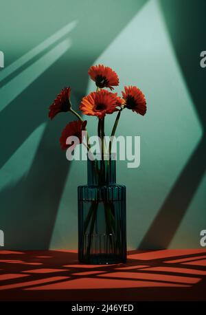Photo verticale de fleurs de gerbera d'orange fraîche dans un vase en verre vintage sur fond de mur vert bleuâtre dans un éclairage de gobo Banque D'Images