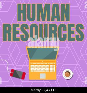 Affiche manuscrite des Ressources humaines. Présentation de l'entreprise la démonstration qui constitue le personnel d'une entreprise portable reposant sur Une table à côté du café Banque D'Images