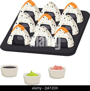 Avec sushi japonais et onigiri au saumon. Délicieux plats traditionnels orientaux sur plateau noir avec baguettes, gingembre, wasabi et sauce soja. Illustration d'aliments plats Vector Illustration de Vecteur