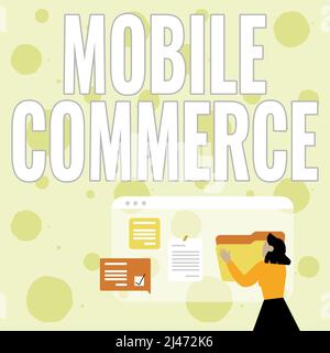 Affiche textuelle montrant Mobile Commerce. Idée d'affaires utilisant le téléphone mobile pour effectuer des transactions commerciales en ligne femme arranger l'historique de navigateur, montage Banque D'Images