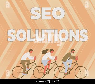 Texte montrant inspiration Seo Solutions. Page de résultats du moteur de recherche d'idées d'affaires augmenter les visiteurs par classement trois collègues Riding Bicycle Banque D'Images