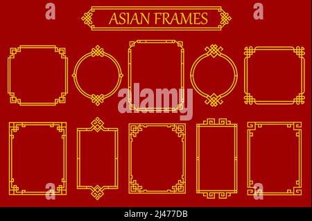 Cadres et frontières asiatiques chinois, japonais et coréens avec noeuds, embellissements vectoriels. Cadres d'ornement or asiatique oriental ou bordures d'angle en nœuds de ligne, séparateurs carrés et ronds ou bordures Illustration de Vecteur