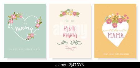 Jolis motifs dessinés à la main pour la fête des mères, jolies fleurs et écriture manuscrite en allemand disant « meilleure maman du monde » « bonne fête des mères » et autres paroles, Illustration de Vecteur