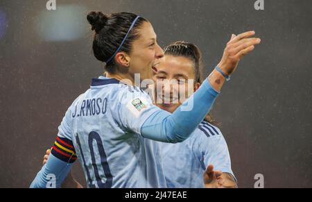 Jennifer Hermoso, de l'Espagne, célèbre le deuxième but de son équipe lors du match de qualification de la coupe du monde de la FIFA pour femmes à Hampden Park, Glasgow. Date de la photo: Mardi 12 avril 2022. Banque D'Images