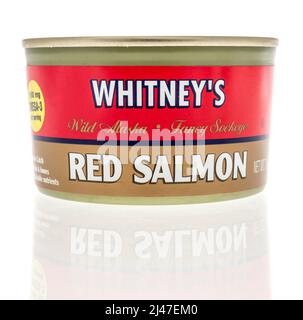 Winneconne, WI -10 avril 2022 : une CAN de saumon rouge Whitneys sur un fond isolé Banque D'Images