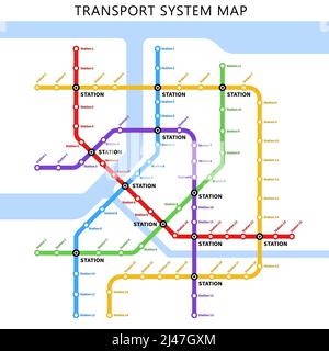 Carte des transports en métro, en métro ou en métro. Schéma des lignes de la gare de la ville urbaine. Affiche ou modèle de plan Metropolis sur l'infrastructure de transport des passagers avec lignes de métro colorées Illustration de Vecteur