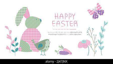 Illustration vectorielle de composition de printemps de bannière joyeuses Pâques avec lapin, oiseau, fleurs, fleurs et lettrage dans un motif écossais pastel, POP Illustration de Vecteur