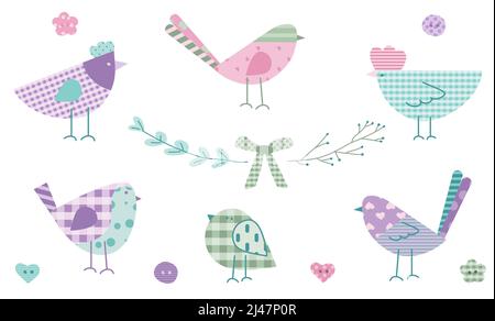 Collection printanière, ensemble oiseau ou poulet, poussin, coq, colombe et floral dans les couleurs pastel et le motif tartan. L'illustration vectorielle en résumé Illustration de Vecteur