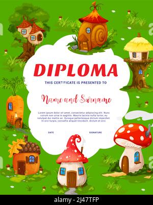 Champignon de conte de fées, escargot, ruche ou carotte, maison de dessin animé d'orne et de nid, diplôme d'enfants. Certificat ou diplôme de vecteur d'éducation scolaire ou de maternelle avec maisons de gnome ou nains dans la forêt magique Illustration de Vecteur