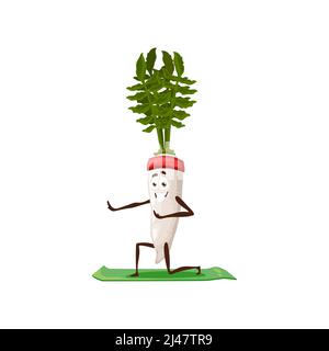 Personnage de dessin animé Daikon sur le yoga pilates s'étendant isolé drôle sourire légume. Vector nourriture végétarienne sur tapis de sport, balance comic kawaii emoticon, radis à tige verte, raifort de racine Illustration de Vecteur