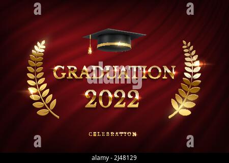 bannière de la cérémonie de remise des diplômes 2022. Concept de récompense avec chapeau universitaire, ruban doré et texte sur fond de rideau rouge foncé Illustration de Vecteur