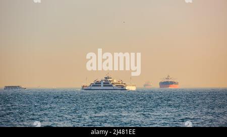 Grand navire-conteneur de fret traversant le Bosphore, Istanbul, Turquie. Banque D'Images