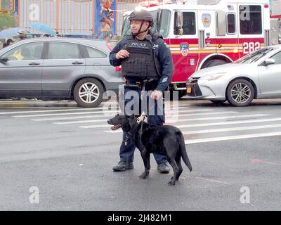 12 avril 2022, New York, New York, États-Unis : 12 avril 2022 New York, tournage en masse sur le train de la ville de New York. Une personne vêtue d'une veste de travailleurs de la construction Neon Green alors que le train s'est tiré dans la gare, il a mis une grenade à fumée puis a tiré sur des passagers.16 personnes blessées, 10 coups de feu et 5 dans un état critique. (Image de crédit : © Bruce Cotler/ZUMA Press Wire) Banque D'Images