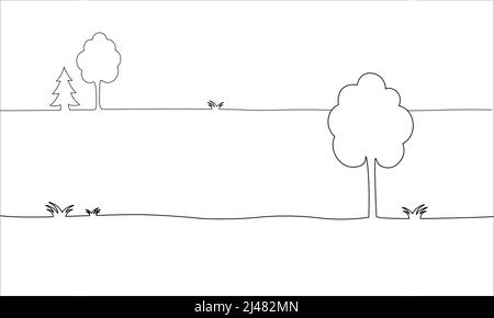 Paysage avec arbres et herbe une ligne dessinant vecteur isolé sur fond blanc. Illustration de Vecteur
