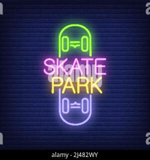 Texte fluo du parc de skate sur le logo du skateboard. Enseigne au néon, publicité de nuit lumineuse, panneau d'affichage coloré, bannière lumineuse. Illustration vectorielle en style néon. Illustration de Vecteur