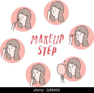 Illustration vectorielle dessinée à la main de l'étape à réaliser. Femme processus de maquillage sur fond blanc. Illustration de Vecteur