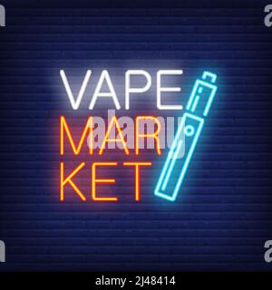 Enseigne au néon VAPE Market. Cigarette bleu vif sur un mur en brique sombre. Publicité de nuit lumineuse. Illustration vectorielle en style néon pour magasin de fumeurs et r Illustration de Vecteur