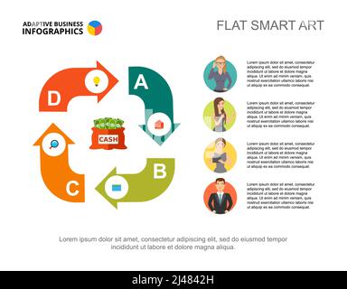 Infographies d'entreprise avec graphique de cycle et icônes d'hommes d'affaires. Modèle de diapositive de présentation modifiable, Smart art plat. Données pour la finance, la gestion, s Illustration de Vecteur