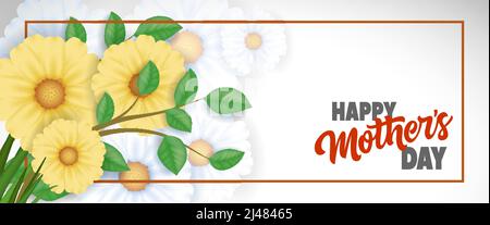 Texte « Happy Mother Day » avec fleurs jaunes. Carte de vœux de la fête des mères. Texte manuscrit, calligraphie. Pour carte de vœux, invitation, poster Illustration de Vecteur