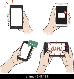 Illustration vectorielle dessinée à la main tenant le smartphone sur fond blanc. Nouveau message, notifications, bulle vocale sur le téléphone. Illustration de Vecteur