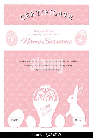 Certificat de Pâques. Œufs de lapin et de Pâques sur fond rose. Blanc Pâques. Illustration vectorielle Illustration de Vecteur